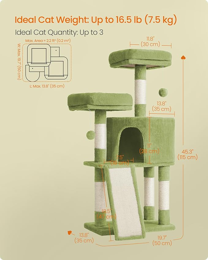 Feandrea Cat Tower, Cat Tree for Indoor Cats, 45.3-Inch Cat Condo with Scratching Post, Ramp, Perch, Spacious Cat Cave, for Kittens, Elderly Cats, Adult Cats, Small Space, Grass Green UPCT141C01