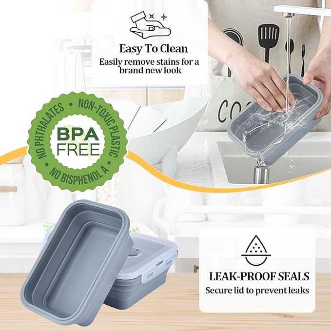 Collapsible Food Storage Containers with Lids, Silicone Meal Prep Containers BPA Free, Lunch Containers Collapsible Bowls Sets for Camping Storage Containers, Microwave Freezer Dishwasher Safe, Gray