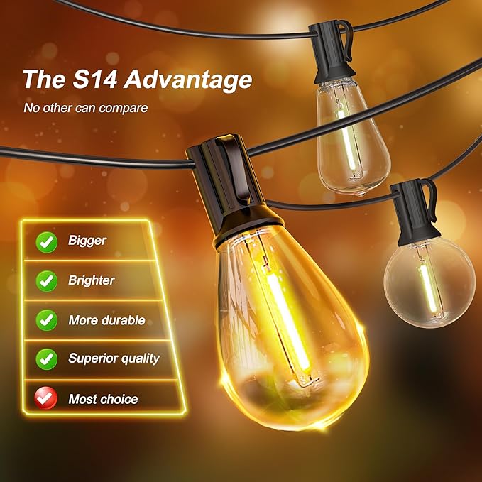 Outdoor String Lights 100FT for Outside Patio Lights with 50+2 Shatterproof S14 LED Dimmable Bulb, Outside Hanging Light Waterproof for Porch Garden Fences Backyard Balcony Pathways 2700K