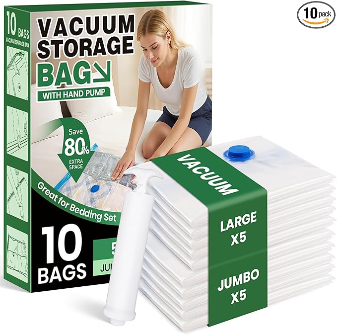 Vacuum Storage Bags,10Pack Vacuum Seal Bags for Clothing,Bedding,Clothes,Comforters,Blankets,Pillows-5 Jumbo+5Large Space Bag Vacuumm Storage Bag Hand Pump Inclued