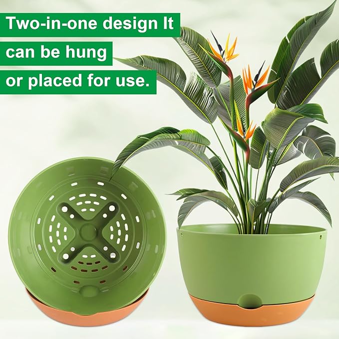 4 Pack Self Watering Pots for Indoor Plants,8 Inch Plant Pot Outdoor Plastic Flower Pot with Drainage and Saucers(White+Grey+Green+Beige)