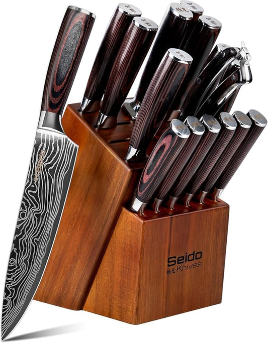 17-Piece Master Chef Knife Block Set – Damascus Steel & Acacia Wood Block
