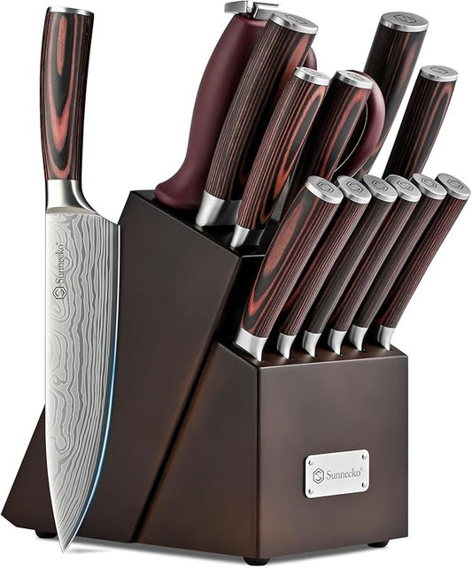 Sunnecko Knife Set with Block and Sharpener, 15 PCS Kitchen Knife Block Set Sharp Kitchen Knives High Carbon Stainless Steel with Pakkawood Handles