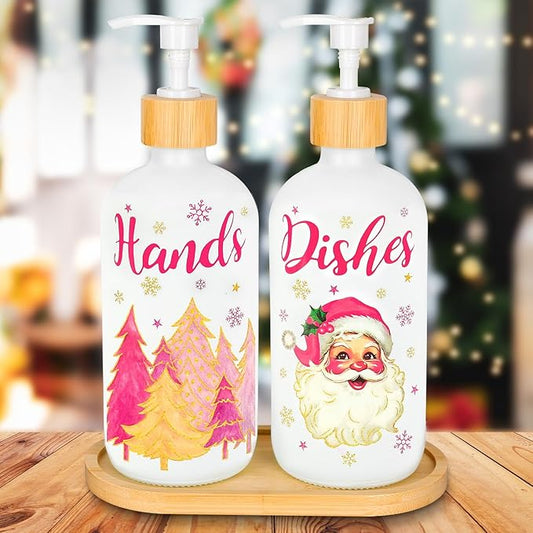 2Pcs Christmas Soap Dispenser Refillable Liquid Container Pink Gold Xmas Tree Santa Snowflake Glass Soap Dispenser with Pump for Holiday Home Kitchen Countertop Decor
