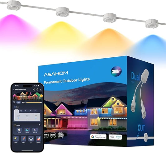 ASAHOM AI Permanent Outdoor Lights S107E, 300FT with 216 RGBCW LED Lights and Dual Output, 30,000 Lighting Effect Combination, IP67 Waterproof for House Halloween Christmas and Daily Decoration, White