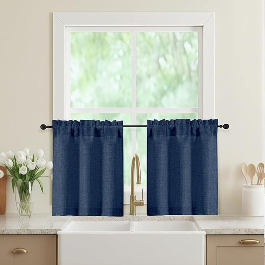 Navy Blue Kitchen Curtains 24 Inch Length 2 Panels, Light Filtering Faux Linen Textured Short Curtains Tier for Windows, Small Curtain for Cafe Cabinet Bathroom Basement RV Camper, 30"Wx24"L
