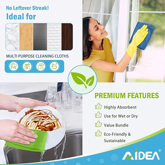 AIDEA Microfiber Cleaning Cloth, 10PK, Soft Absorbent Rags, Microfiber Towels for Cars, Kitchen Towels, Dusting Cloth for Home, Window, Cleaning Supplies, 12"×12"
