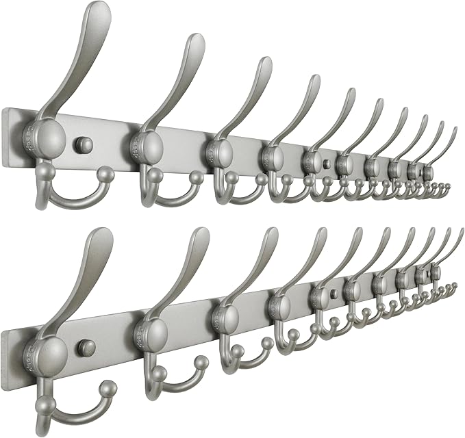 Dseap MaxStrong 2.0 Coat Rack Wall - 37” Long 10 Tri Hooks - Ultra Heavy-Duty Stainless Steel Wall Mount Coat Hanger, Hook Rail for Clothes Hats Jacket Towels Grey, Pack of 2