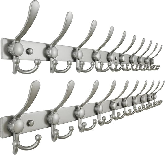 Dseap MaxStrong 2.0 Coat Rack Wall - 37” Long 10 Tri Hooks - Ultra Heavy-Duty Stainless Steel Wall Mount Coat Hanger, Hook Rail for Clothes Hats Jacket Towels Grey, Pack of 2