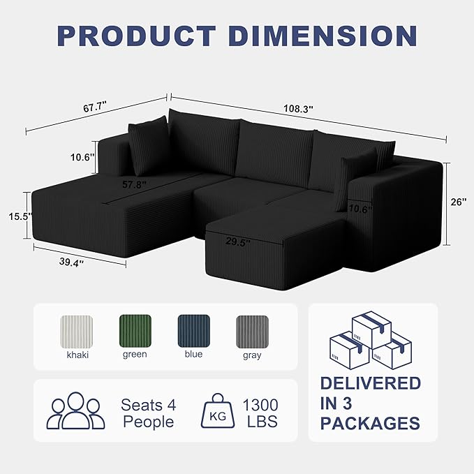 108" Boneless Couches for Living Room, Modular Cloud Couch Sofa - 4 Pieces U Shap Corduroy Sectional Sofa, Fluffy Memory Foam Sleeper Sofa Furniture, No Assembly, Wide Armrest, Black
