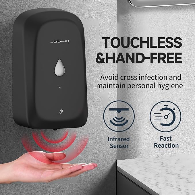 JETWELL Automatic Touch-Less Wall Mount Hand Soap Dispenser Liquid Drop Battery Operated, Black Matte Stainless Steel Cover Large Capacity 34OZ/1000ML for Kitchen Home Commercial Bathroom