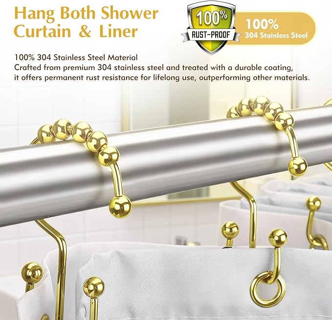 Shower Curtain Hooks Rings - 304 Stainless Steel 100% Rust-Proof Shower Curtain Hooks, Double Hook Glide Shower Hooks Rings for Bathroom Shower Rods Curtains, Set of 12 Pieces
