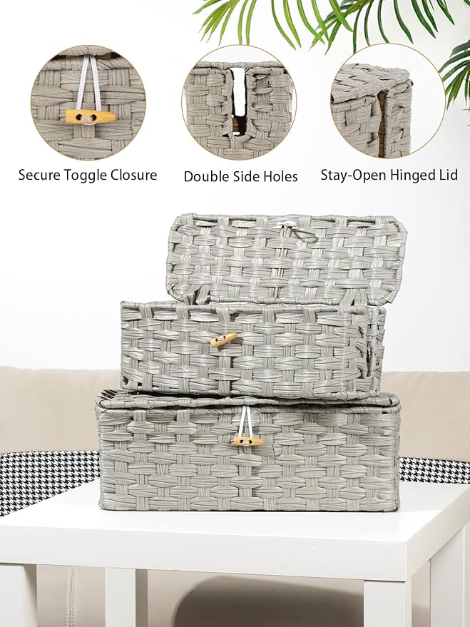 Temary Cable Management Box with Lids, 2-Pack Handmade Cable Organizer Boxes for Home, Office to Hide Cords and Power Strip, Cord Cover Floor Hider Set Woven Rattan Cable Organizer Box (Grey)