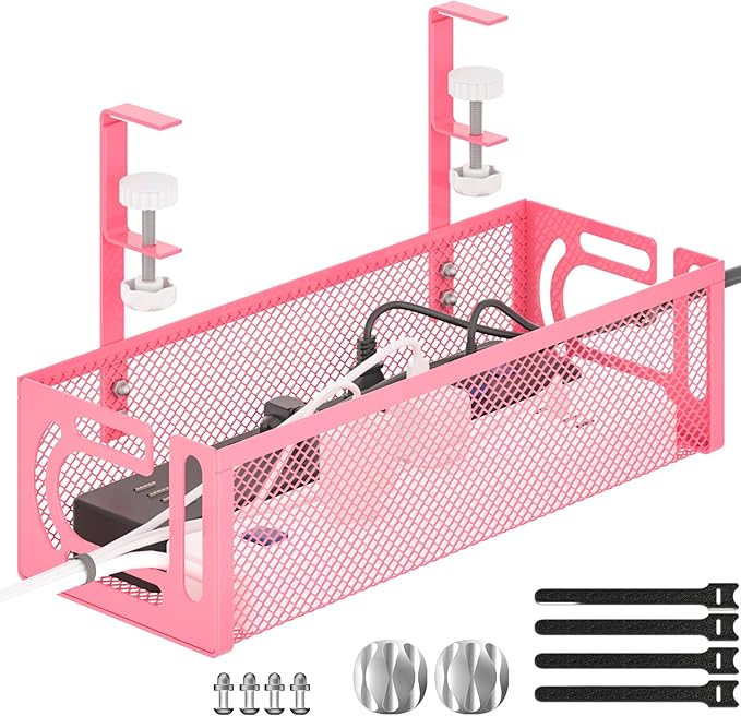 Under Desk Cable Management Tray, 15.7'' No Drill Steel Desk Cable Organizers, Wire Management Tray Cable Management Rack (1 Pack-Pink)