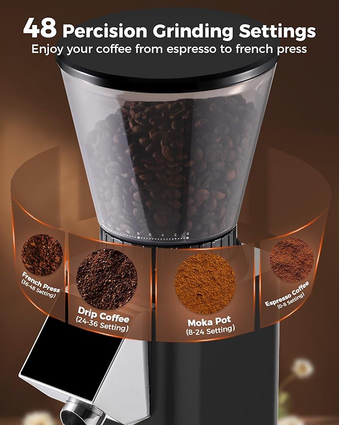 Tuni G1 Conical Burr Coffee Grinder, 48 Grind Settings Anti-static Burr Mill, Precision Electronic Timer and LED Touchscreen for Espresso/Drip/Cold Brew/French Press, Stainless Steel, Noir