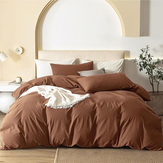 JIYUAN 100% Washed Cotton Duvet Cover Set 3 Pieces Oversized Queen, 1 Duvet Cover 98x98 Inches(Comforter Not Included) and 2 Pillowcases,Linen Feel Bedding Set Comfy and Breathable,Burnt Orange