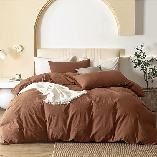 JIYUAN 100% Washed Cotton Duvet Cover Set 3 Pieces Oversized Queen, 1 Duvet Cover 98x98 Inches(Comforter Not Included) and 2 Pillowcases,Linen Feel Bedding Set Comfy and Breathable,Burnt Orange
