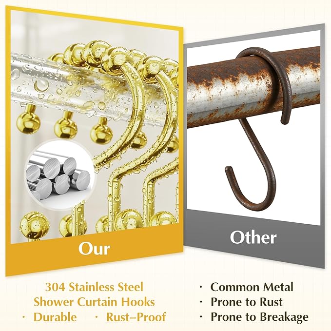 Shower Curtain Hooks Rings - 304 Stainless Steel 100% Rust-Proof Shower Curtain Hooks, Double Hook Glide Shower Hooks Rings for Bathroom Shower Rods Curtains, Set of 12 Pieces