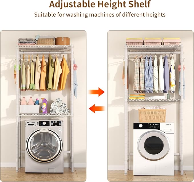 Over Washer and Dryer Shelves,2 Tier Adjustable Height Wire Shelving Laundry Room Storage Organization Clothes Drying Rack with Hanger Rod&Hooks,Space Saving Organizers Shelf,White