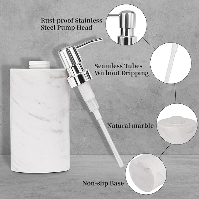 Marble Soap Dispenser with Stainless Steel Pump, White Hand Liquid Soap Dispenser, 6 Ounces for Bathroom