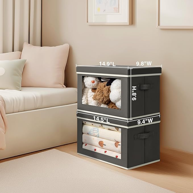 Storage Boxes with Lids - 3 Pack Fabric Clear Window Storage Bins, Collapsible Storage Bins with Lids, Linen Closet Organizer for Clothes, Towel, Blanket, Dark Grey