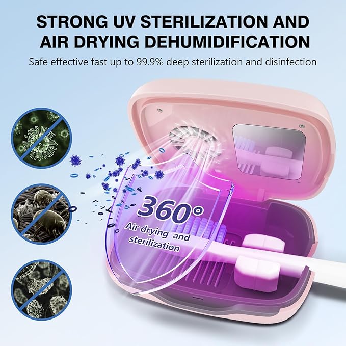 Toothbrush Covers Case and Holder with Light,Toothbrush Covers with Holder, Rechargeable Portable Toothbrush Cleaner Case, Toothbrush Box Fan with Dryer（Pink）