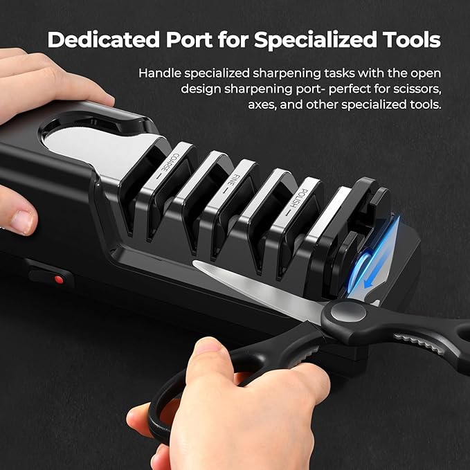 Electric Knife Sharpener, Precise 20° Diamond Knife Sharpener for Kitchen Knives, Quick Repairing in 40 Seconds, with Special Port for Scissors & Axes & Metal Dust Collection Box, Black