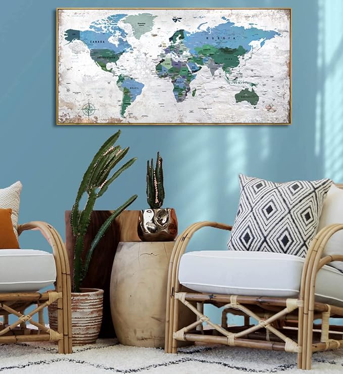 Framed Wall Art World Map Wall Art Canvas Picture 30inchx60inch Large Blue Map of The World Canvas Painting Artwork Prints for Office Wall Decor Home Living Room Decorations Framed Ready to Hang