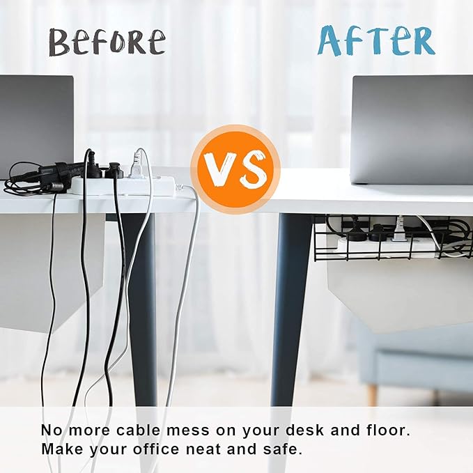 Under Desk Cable Management- 2 Pack Cord Organizer. Metal Wire Cable Management Tray for Office, Studio and Home. Super Sturdy Under Table Cable Management - Black Cable Organizer