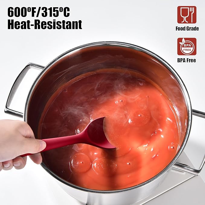 Doosu Silicone Spoon Spatula, 600ºF Heat-Resistant Food Grade Rubber Spoonula with Seamless Design, Non-Stick Flexible Scraper Kitchen Cooking Spoon Baking Tool for Mixing, Scraping (Red)