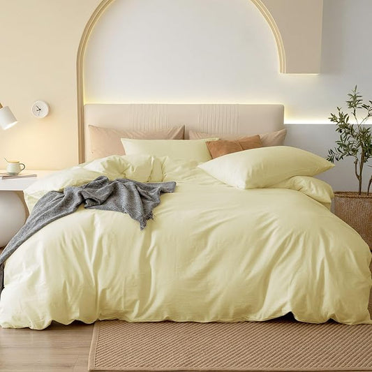 JIYUAN 100% Washed Cotton Duvet Cover Set 3 Pieces King, 1 Duvet Cover 104x90 Inches(Comforter Not Included) and 2 Pillowcases,Linen Feel Bedding Set Comfy and Breathable,Light Yellow