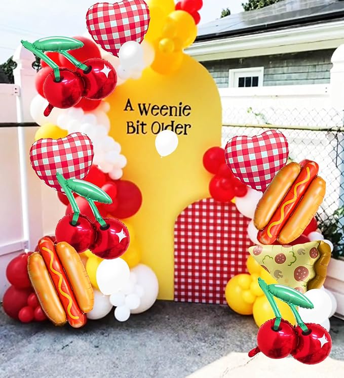 10 Pcs Food Balloon Kit Hot Dog, Pizza, Cherry Balloons and Red White Plaid Gingham Balloon for Summer Picnic BBQ/Pizza, Hot Dog Party/Picnic Themed Balloon for Birthday Party Decorations