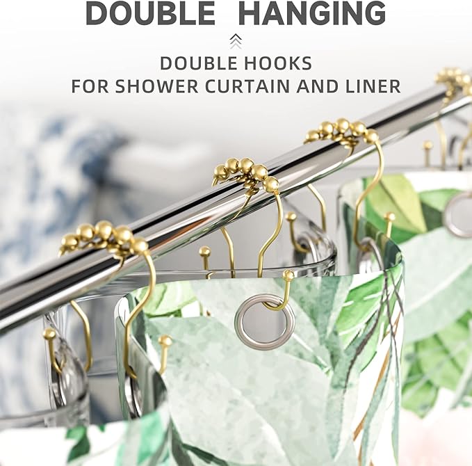 Gold Shower Curtain Hooks, Shower Curtain Hook Shower Curtain Rings Rust Proof Smooth Double Shower Curtain Hooks, Shower Hooks for Shower Curtain Bathroom Shower Rod Hook 12 Pcs