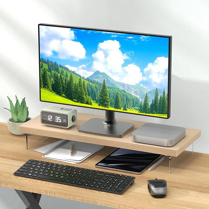 Monitor Stand Riser, Wood & Acrylic Computer Monitor Stand Desk Desktop Organizer Table For Home, Office Workspace, Laptop Riser, Printer, PC & TV Screen Riser