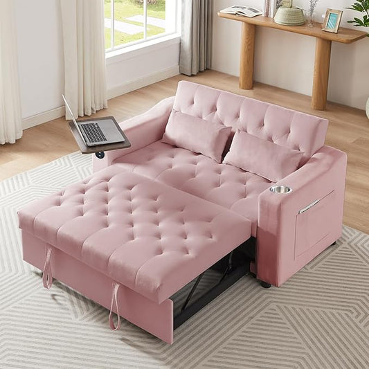 53'' Convertible Sleeper Sofa Bed with Adjustable Backrest, Chaise Lounge, Side Table & Two Pillows – Stylish & Functional Addition to Any Living Room (Modern Pink)