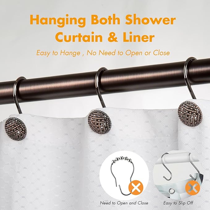 Pearlbee Bronze Shower Curtain Hooks Rings,Oil Rubbed Bronze Decorative Shower Curtain Hooks,Rustproof Vintage Shower Hooks for Bathroom,Set of 12