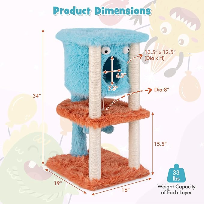 Tangkula Monster-Themed Cat Tree, 3-Level Cat Tower Activity Center with Large Cat Condo, Sisal Scratching Posts & Hanging Toys, Long Plush Cute Cat Tree Tower for Indoor Cats (34 Inch)