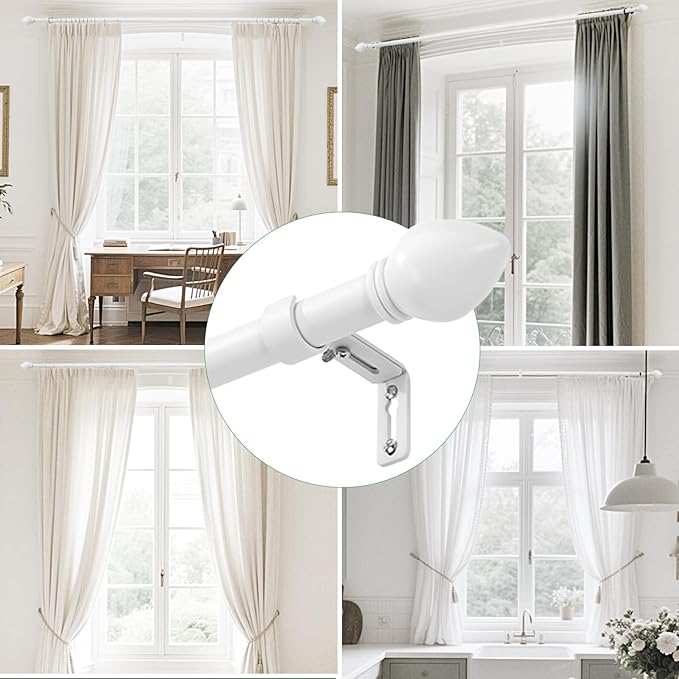Curtain Rods for Windows 16 to 76 inches, Curtain Rod Max Adjustable Length to 88 in, Drapery Rod 1 inch Diameter with Modern Knobs Finials (White, 16" to 76" - Set of 1)