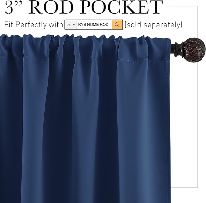 RYB HOME Blackout Kitchen Curtains 2 Panels Set, Room Darkening Small Window Treatment Energy Smart Drapes Full Privacy Protection for Laundry Bedroom Bathroom, Navy Blue, W42 x L63 inch, 2 Panels