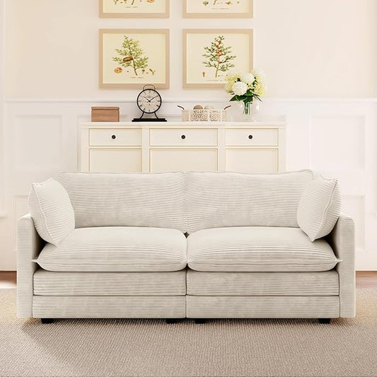 ROWHY 78'' Sectional 2 Seat Cloud Loveseat with 2 Throw Pillows, Modern Corduroy Love Seat, Cozy Sofa for Living Room, Office and Bedroom, Beige