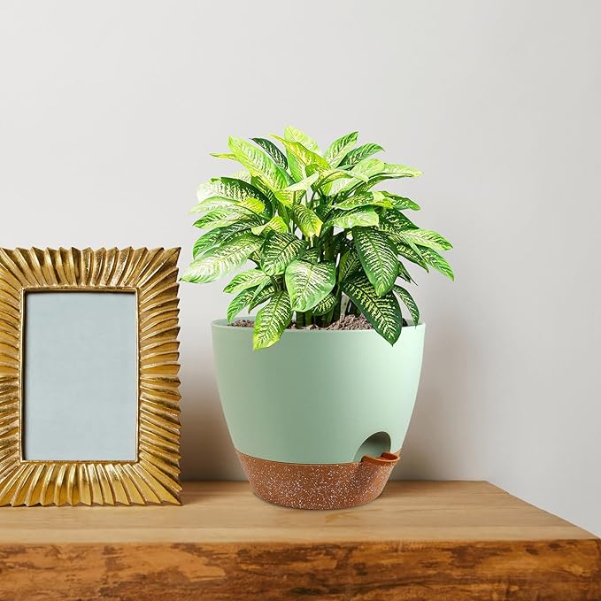 8 inch Self Watering Pots, 2 Pack Plastic Planters with Mesh Drainage Holes for Garden Plants and Flower, Plants Pots with Deep Reservoir for Indoor Outdoor Plants, Green with Brown