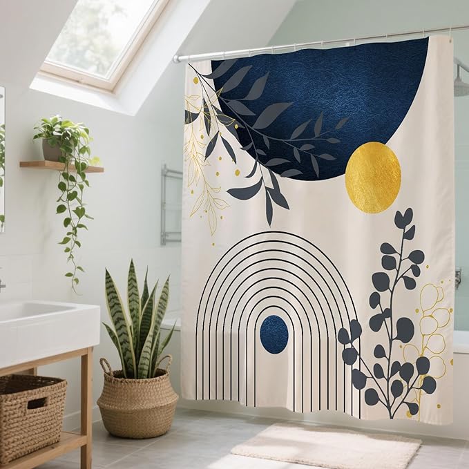 Boho Mid Century Shower Curtain Set for Bathroom, 72"X72" Shower Curtain for Chic Elegant Bathroom Decor, Fabric Shower Curtain Waterproof Durable (Blue Grey, 72" L x 72" W)