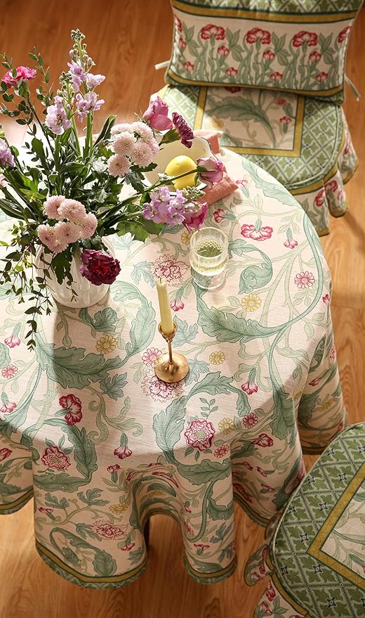 patdrea Designer Vintage Green Round Tablecloth,Linen Leaves Floral Pattern Table Cloth,Decor Table Cover for Kitchen Dining Christmas,Tea Party,Thanksgiving,Tea Party,Diameter 67"-Cecilia a