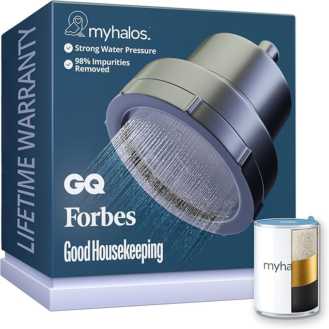 MyHalos® Filtered Shower Head for Hard Water Filter - High Pressure, Removes Chlorine - Shower Head Filter for Hard Water Softener Showerhead, Easy Install, For Hair & Skin, Filtering (Brushed Metal)