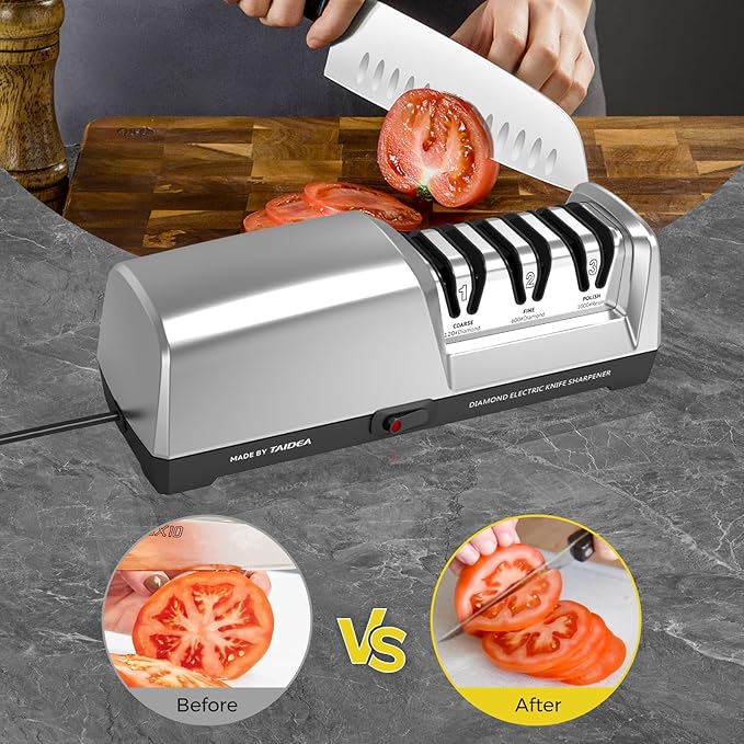 Electric Knife Sharpener, 3-Stage with 100% Diamond Abrasives and Precision Angle Guides, Kitchen Knife Sharpener with Sharpening and Polishing Function