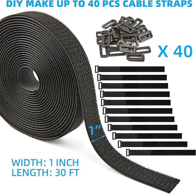1" x 30ft Nylon Hook and Loop Cable Straps Roll with 40 Plastic Buckles - Reusable, Adjustable, Cut-to-Length for Organizing Cords, Wires & Storage Solutions