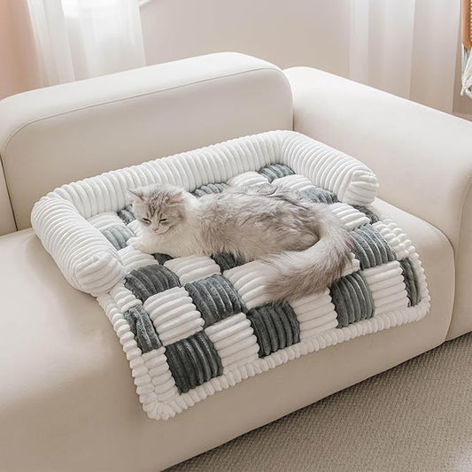 Couch Covers for Dogs and Cats, Fuzzy Dog Sofa bed with Cream Square Plaid, Plush Pet Couch Cover Bed, Thickened Quilted Furniture Protector Mat for Large Medium Pets (Dark Grey 27.56"*27.56")