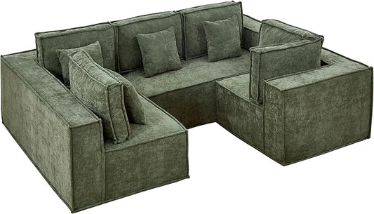 108'' Boneless Chenille U Shaped Couch, Oversized Modular Sectional 5 Seater Sofa, Modern Deep Seat Corner Cloud Compressed Couch, No Assembly Sleeper Sofa with Chaise for Living Room, Green