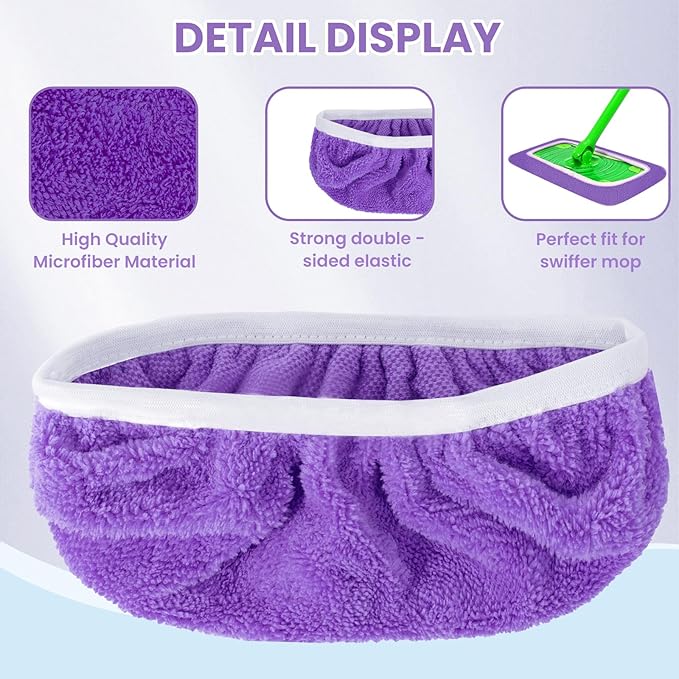 6 Pack Reusable Microfiber Mop Pads - Compatible with Sweeper, Reusable Mop Pads, Washable Dry Cloths & Wet Pads Refill for Hardwood Laminate Tile Floor Cleaning (Purple, M)