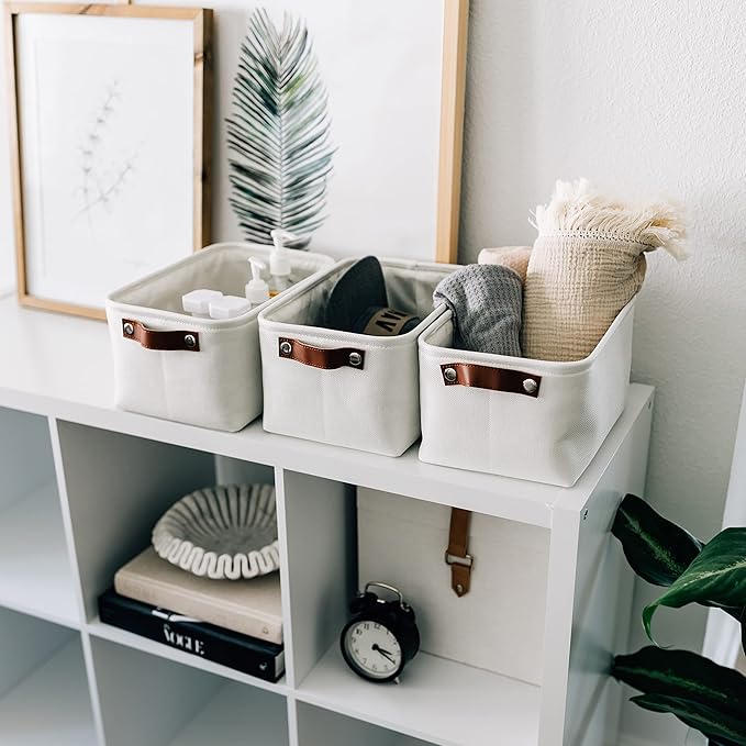 OrganiHaus Small Fabric Storage Baskets for Shelves 3 Pack, 12x08in Closet Storage Bins for Shelves, Canvas Baskets for Organizing, Linen Closet Organizers, Cloth Basket, Off-White